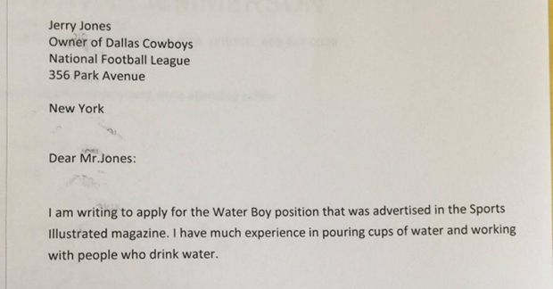 Student Writes Hilarious Mock Cover Letter Applying for Water Boy Position With Dallas Cowboys