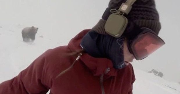 Woman Goes Snowboarding Unaware a Bear Wants Her for Dinner