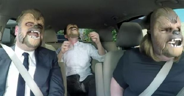 Chewbacca Mom Continues to Laugh While Driving James Corden and J.J. Abrams to Work