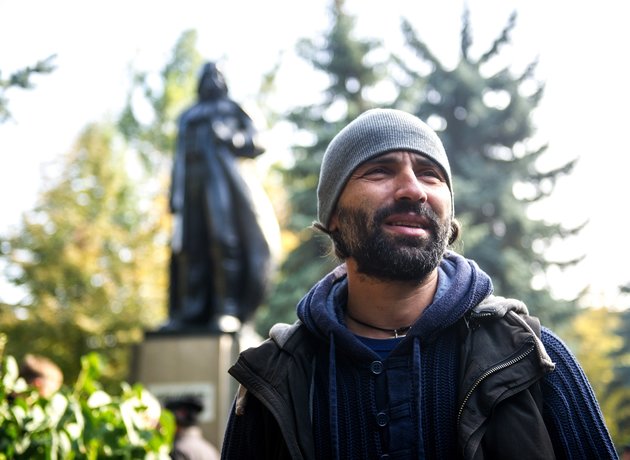 TO GO WITH AFP STORY BY OLGA SHYLENKO Oleksandr Milov, a sculptor from Odessa, attends the inauguration ceremony of a Darth Vader monument, formerly a statue of Soviet founder Lenin, in the southern Ukrainian city of Odessa on October 23, 2015. Just in time for the release of the latest "Star Wars" blockbuster, Ukrainians have transformed the statue of Lenin into one of Darth Vader, an oddly prominent figure in local politics. AFP PHOTO / VOLODYMYR SHUVAYEV (Photo credit should read VOLODYMYR SHUVAYEV/AFP/Getty Images)
