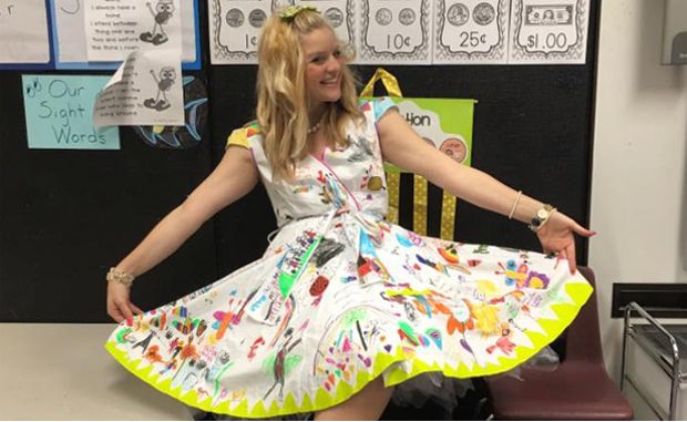 Teacher Inspires 1st Grade Students by Turning Their Artwork Into a Dress