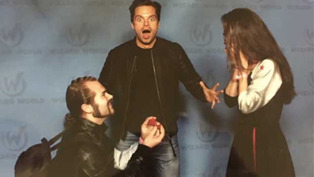 Sebastian Stan Stunned as Fans Get Engaged in Front of Him