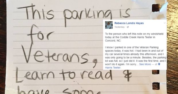 Woman Responds to Misogynistic Note Saying She Shouldn’t Park in Veteran Only Spots