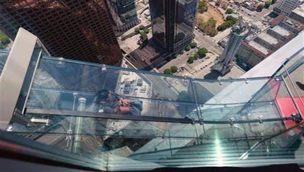 Reporter Takes Terrifying Ride on Glass Slide 1,000 Feet Above the Ground in LA
