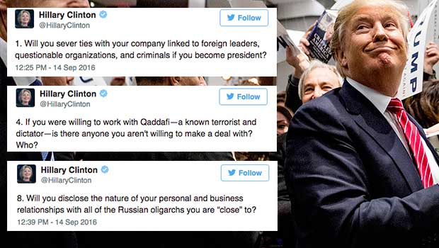 Clinton’s ’20 Questions’ Tweet Storm Examines Trump’s ‘Sketchy’ Foreign Ties