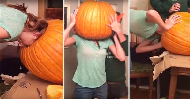 Hilarious Video Shows Girl Getting Her Head Stuck Inside a Giant Pumpkin