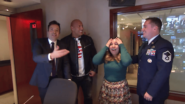 Watch Dwayne Johnson and Jimmy Fallon Team Up to Surprise a Military Family