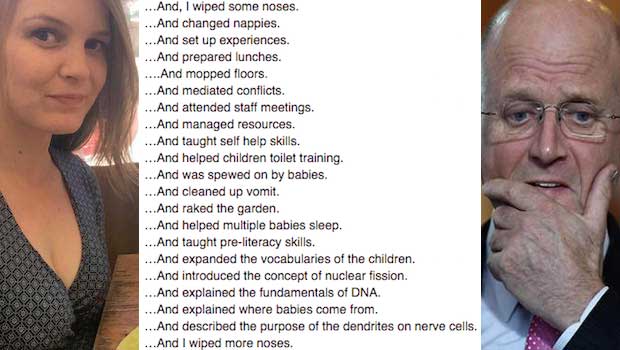 Childcare Worker’s Facebook Post Perfectly Rebukes Politician Who Diminished Her Job as ‘Wiping Noses’
